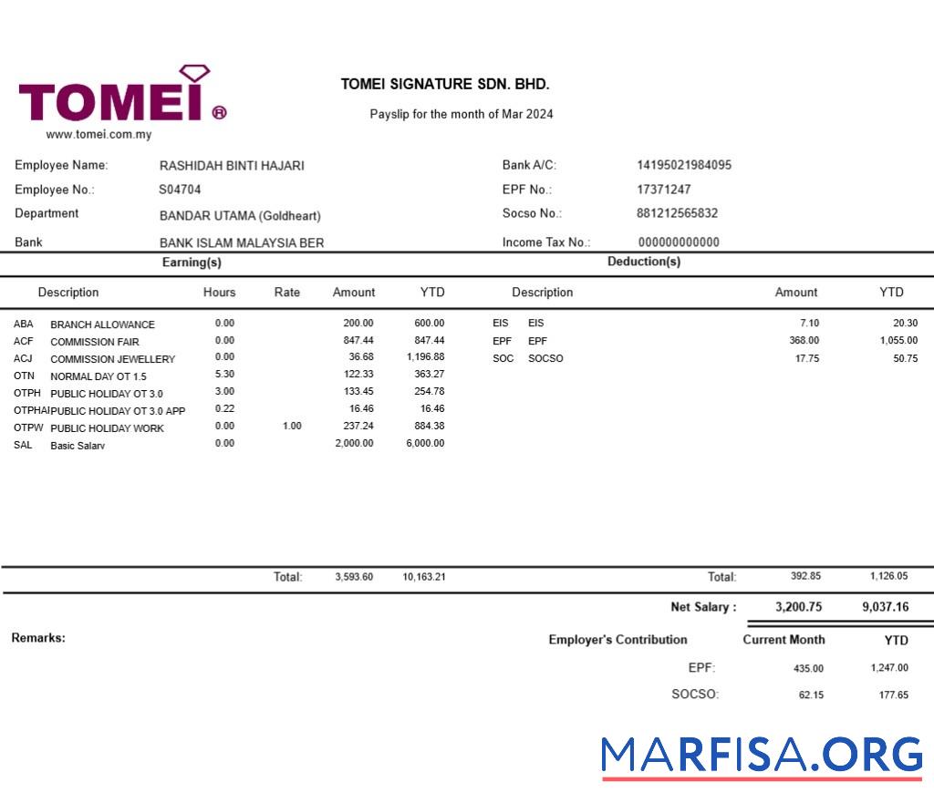 Realistic Tomei Signature jewellery payslip download for verification